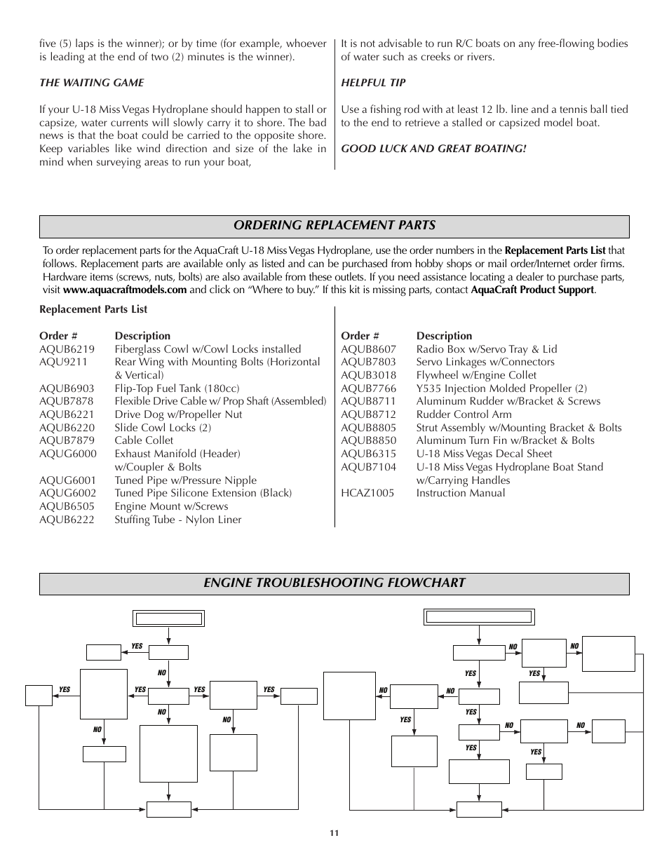 Ordering replacement parts, Engine troubleshooting flowchart | AquaCraft Miss Vegas User Manual | Page 11 / 12
