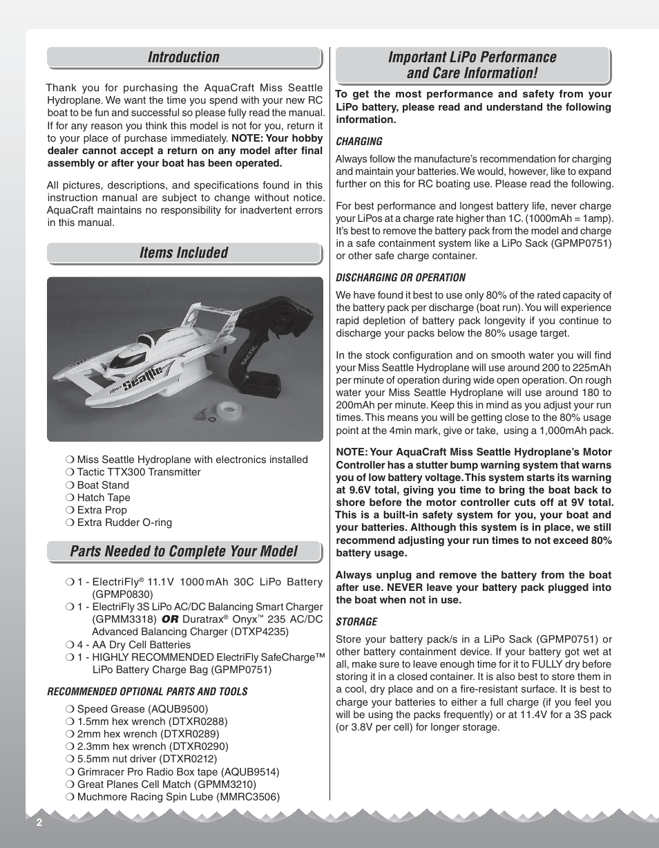 Introduction, Items included, Parts needed to complete your model | Important lipo performance and care information | AquaCraft Miss Seattle User Manual | Page 2 / 8