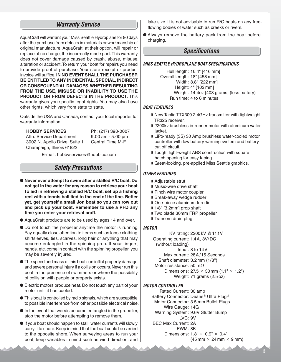Warranty service, Safety precautions, Specifi cations | AquaCraft Miss Seattle User Manual | Page 3 / 8