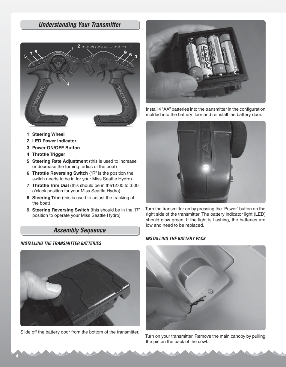 Understanding your transmitter, Assembly sequence | AquaCraft Miss Seattle User Manual | Page 4 / 8