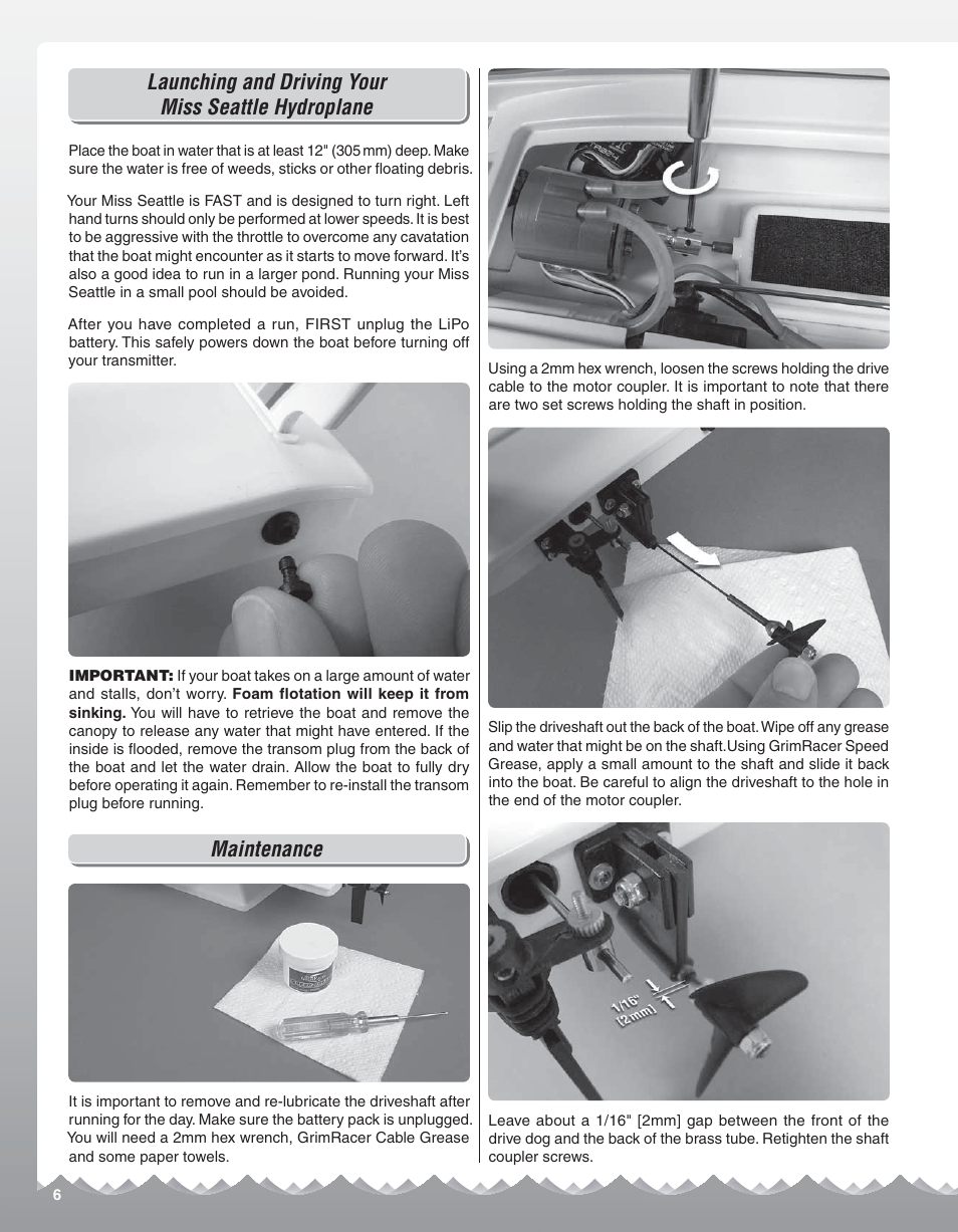 Launching and driving your miss seattle hydroplane, Maintenance | AquaCraft Miss Seattle User Manual | Page 6 / 8