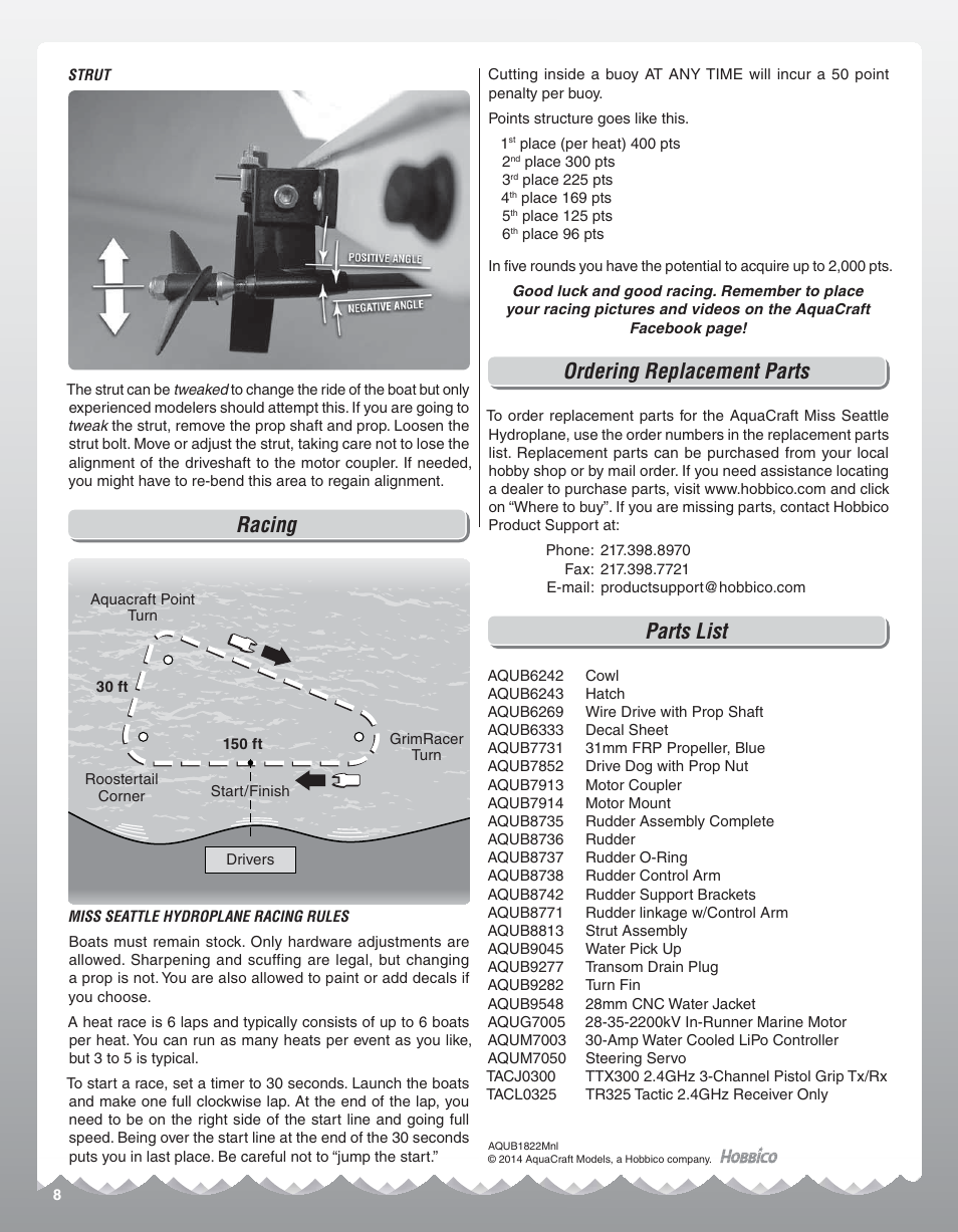 Racing, Ordering replacement parts, Parts list | AquaCraft Miss Seattle User Manual | Page 8 / 8