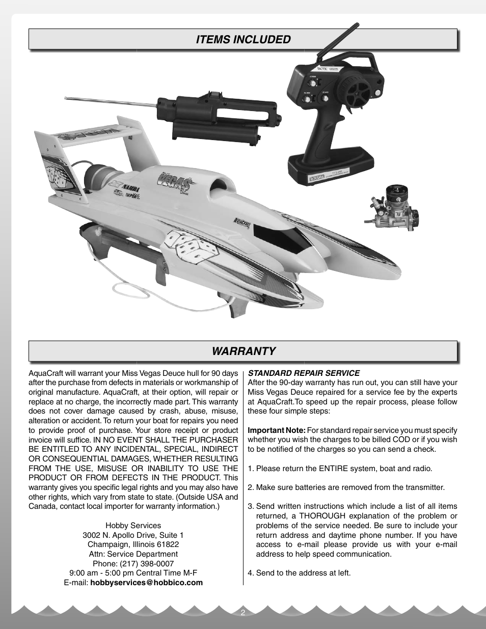 Items included warranty | AquaCraft Miss Vegas Deuce User Manual | Page 2 / 16