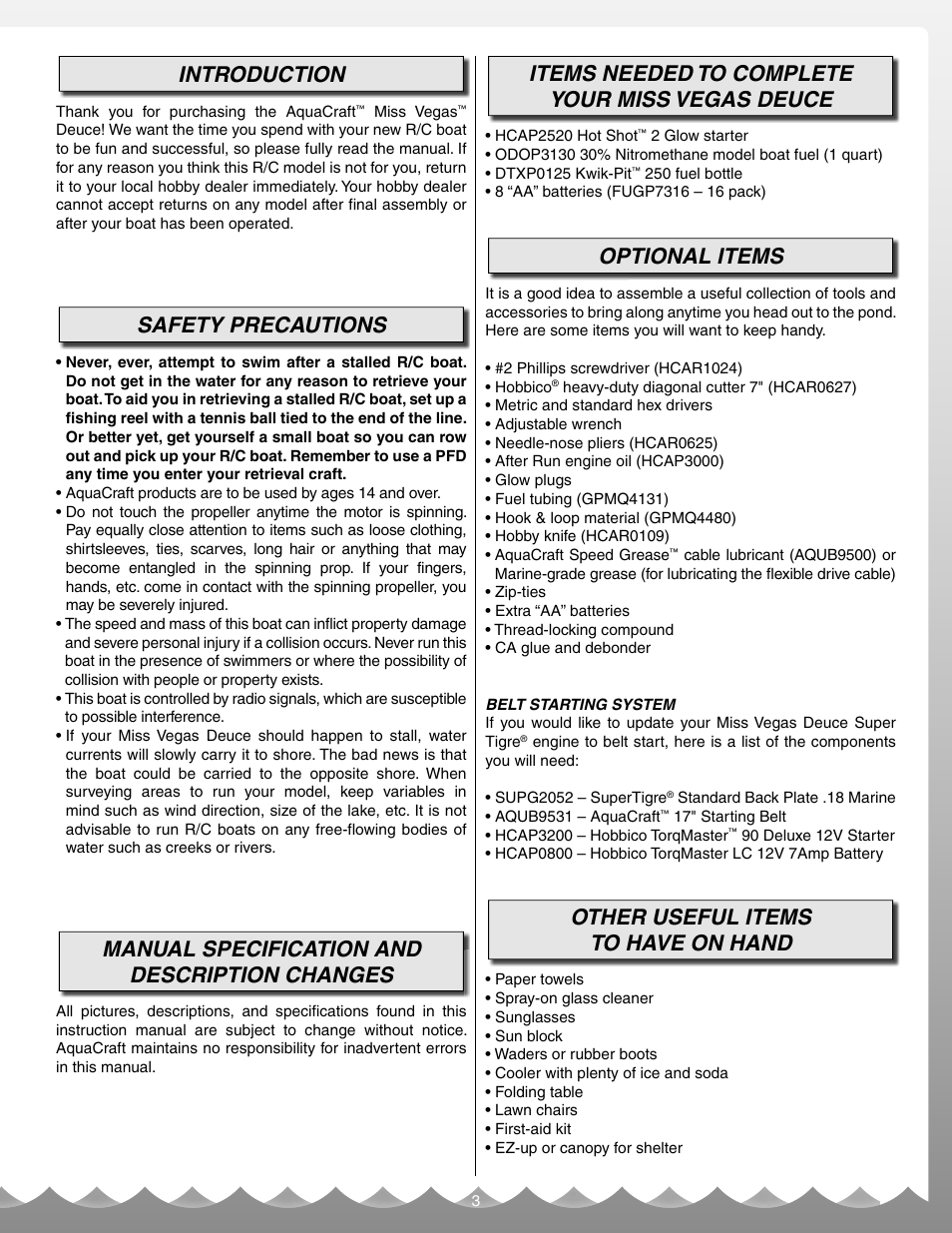 Introduction, Safety precautions, Manual specification and description changes | Items needed to complete your miss vegas deuce, Optional items, Other useful items to have on hand | AquaCraft Miss Vegas Deuce User Manual | Page 3 / 16