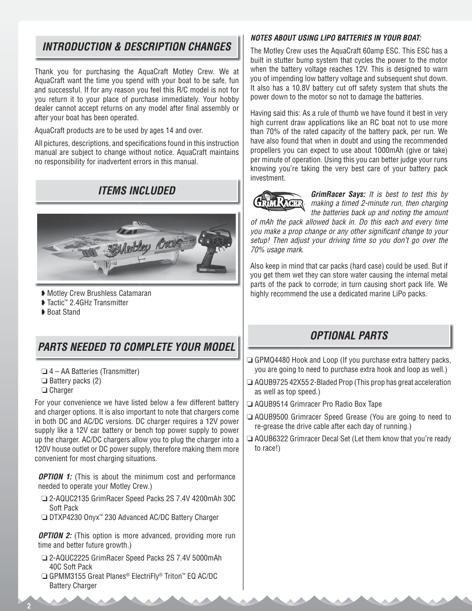 Introduction & description changes, Items included, Parts needed to complete your model | Optional parts | AquaCraft Motley Crew User Manual | Page 2 / 8