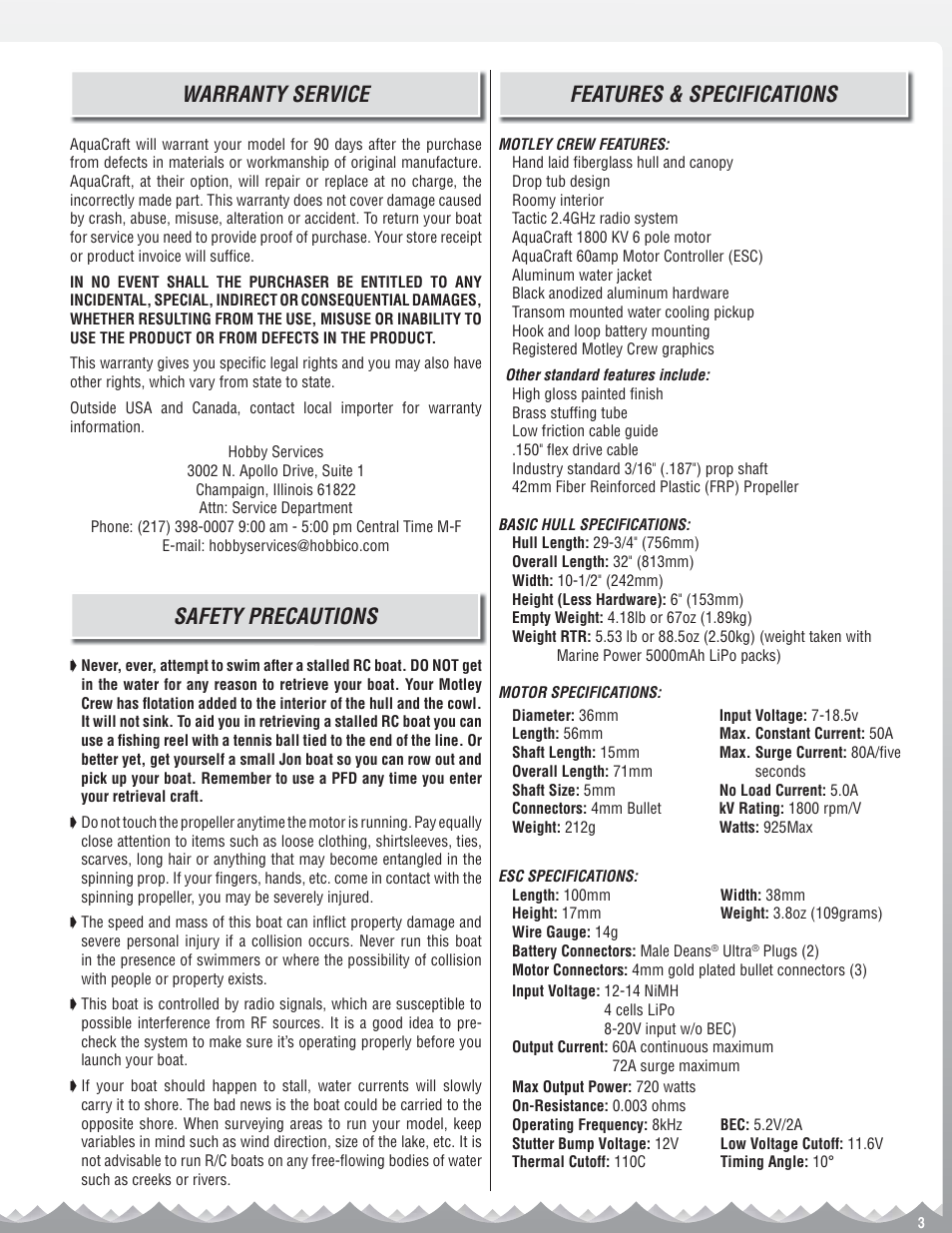 Features & specifications, Warranty service, Safety precautions | AquaCraft Motley Crew User Manual | Page 3 / 8