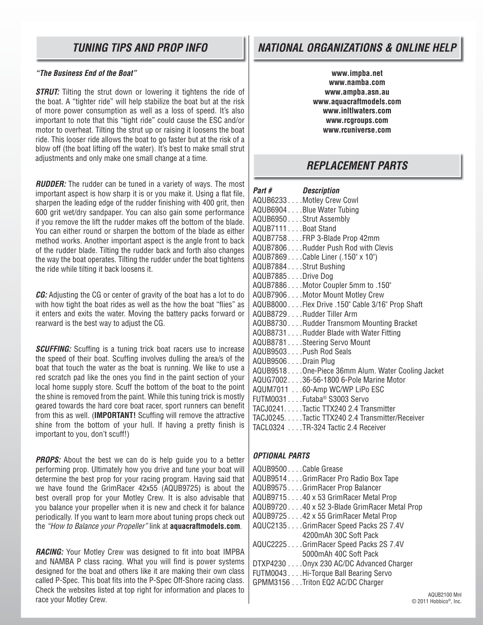 National organizations & online help, Replacement parts, Tuning tips and prop info | AquaCraft Motley Crew User Manual | Page 8 / 8