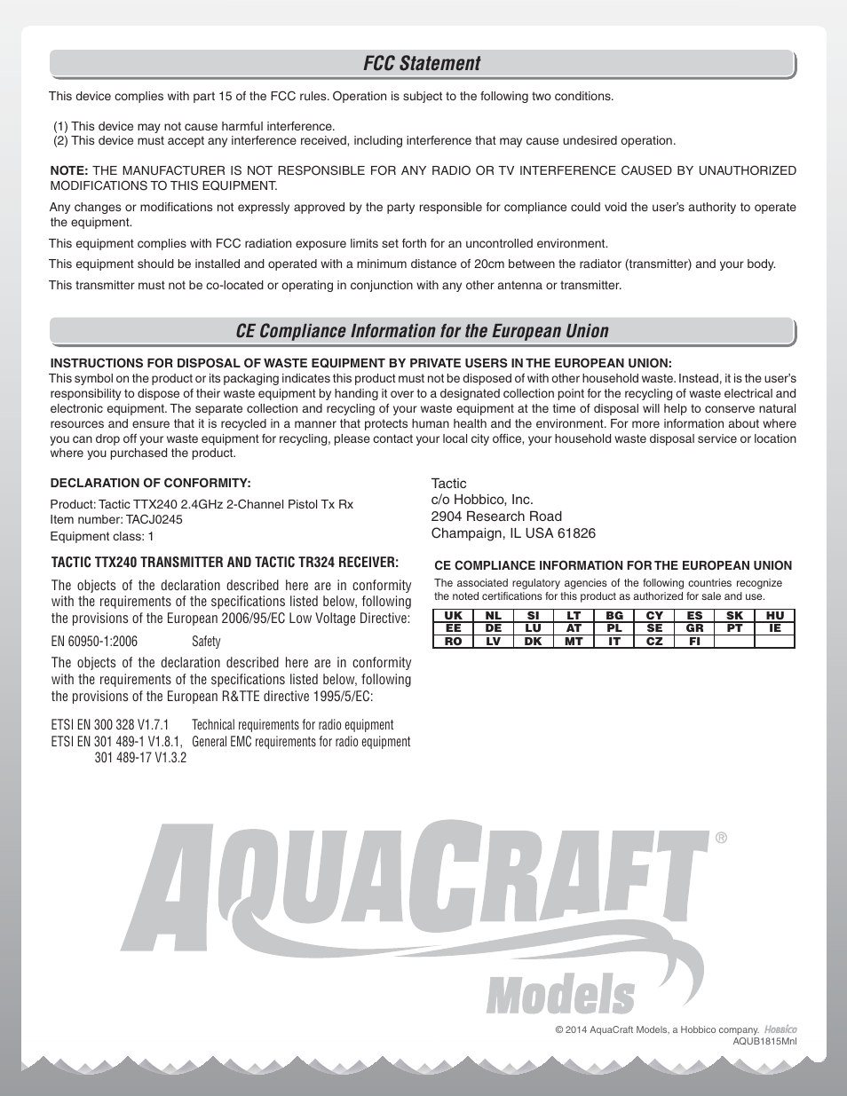 Fcc statement, Ce compliance information for the european union | AquaCraft P-27 Gunslinger User Manual | Page 8 / 8