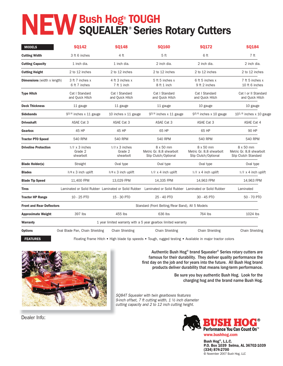 Bush hog, Tough squealer, Series rotary cutters | Dealer info | Bush Hog TOUGH SqUealer Series User Manual | Page 6 / 6