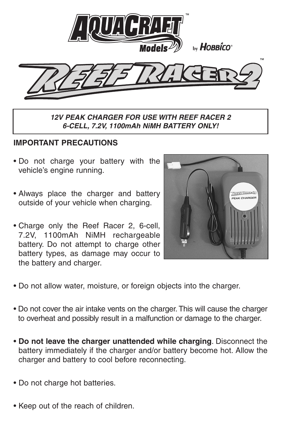 AquaCraft Reef Racer 2 Charger User Manual | 2 pages