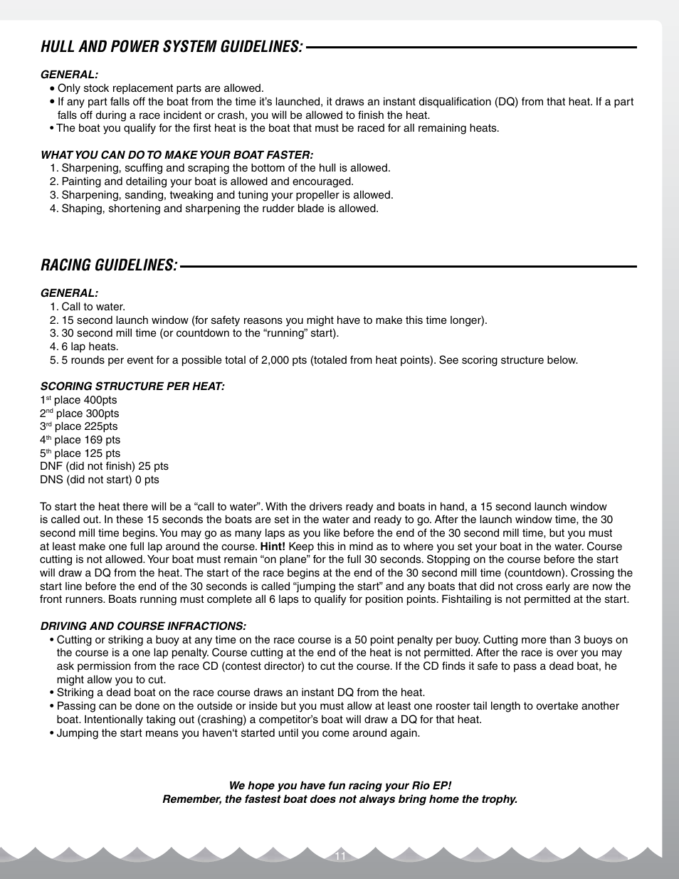 Hull and power system guidelines, Racing guidelines | AquaCraft Rio EP User Manual | Page 11 / 16