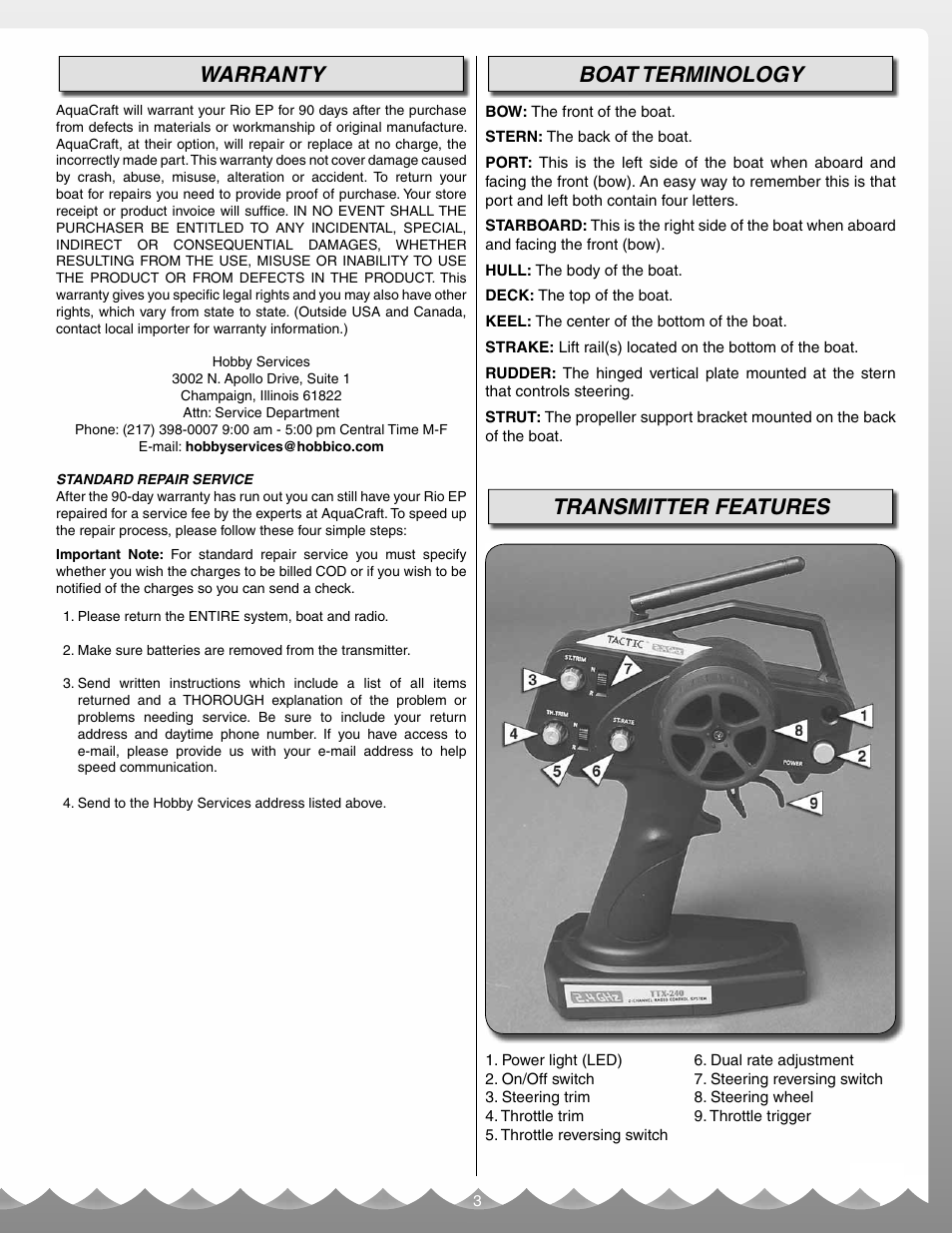 Warranty, Boat terminology, Transmitter features | AquaCraft Rio EP User Manual | Page 3 / 16