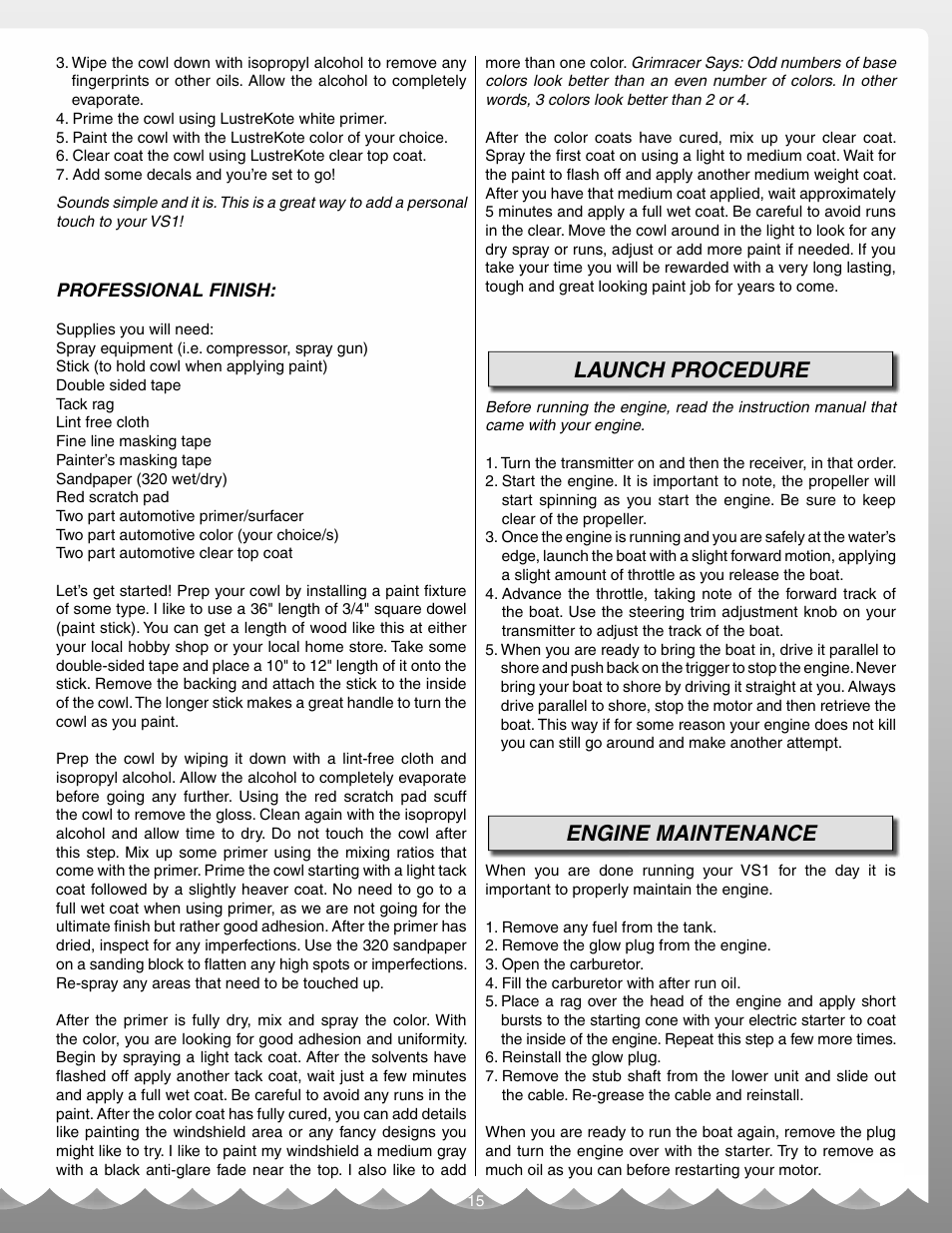 Launch procedure, Engine maintenance | AquaCraft VS1 User Manual | Page 15 / 20