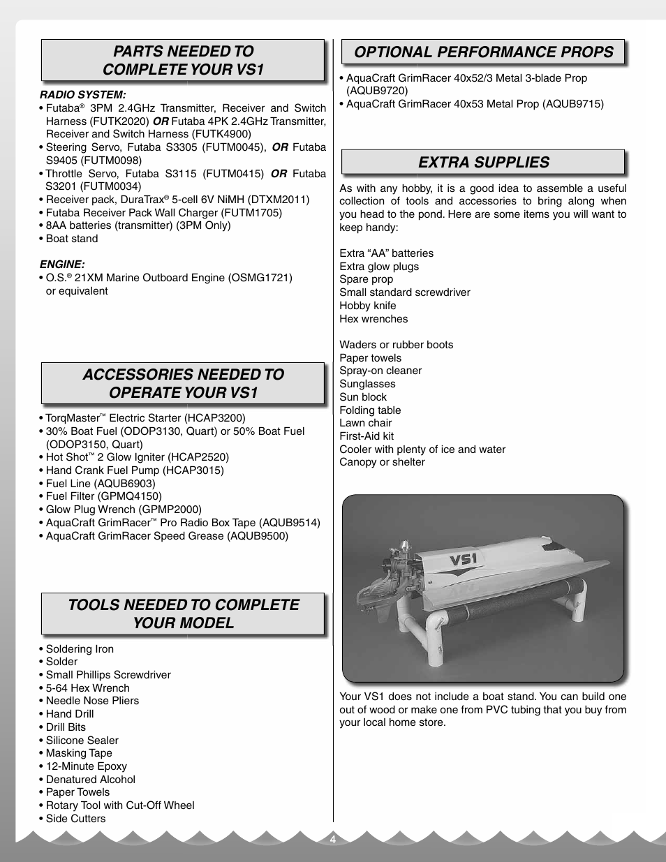 Parts needed to complete your vs1, Accessories needed to operate your vs1, Tools needed to complete your model | Optional performance props, Extra supplies | AquaCraft VS1 User Manual | Page 4 / 20