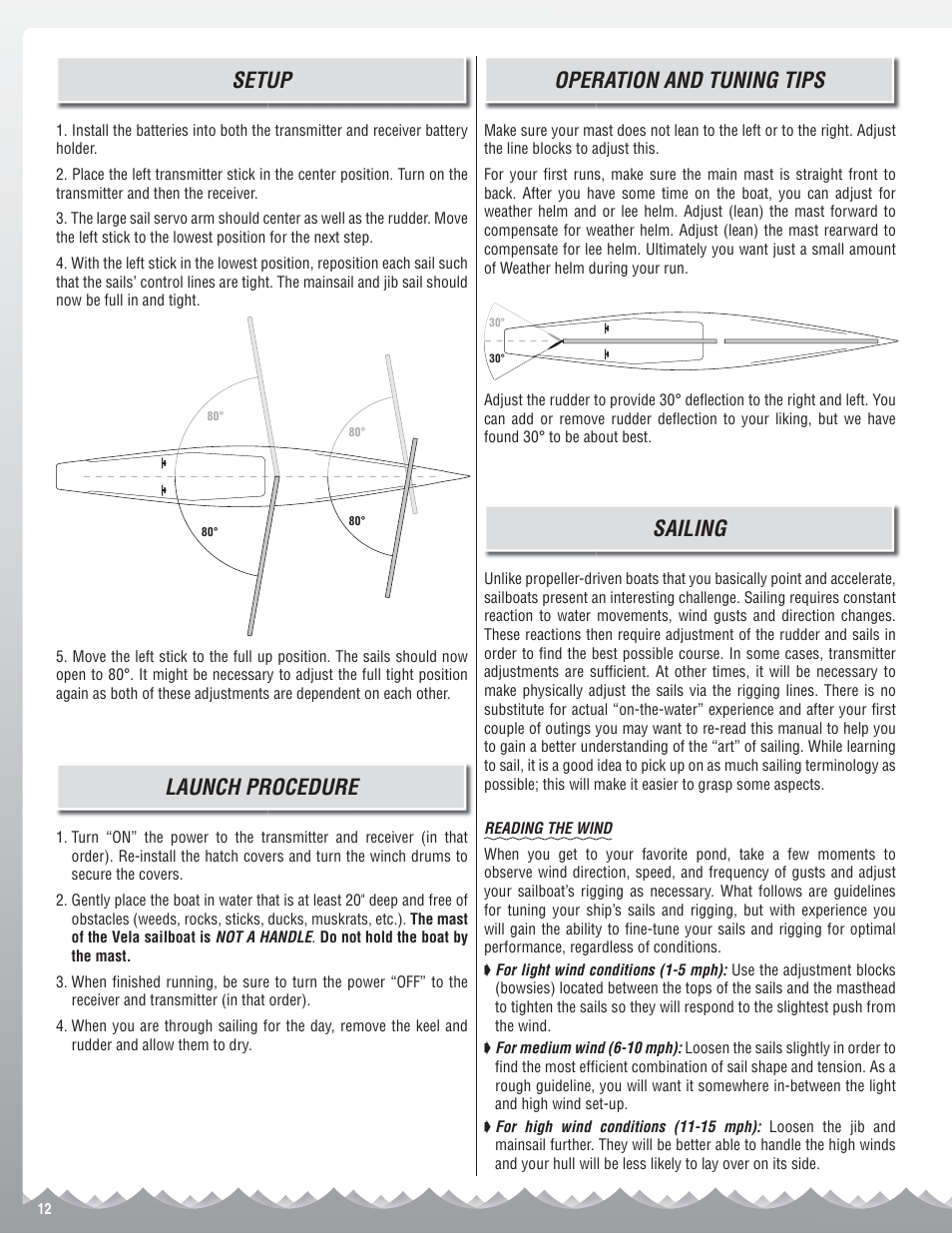 Setup, Launch procedure, Operation and tuning tips | Sailing | AquaCraft Vela One Meter User Manual | Page 12 / 16