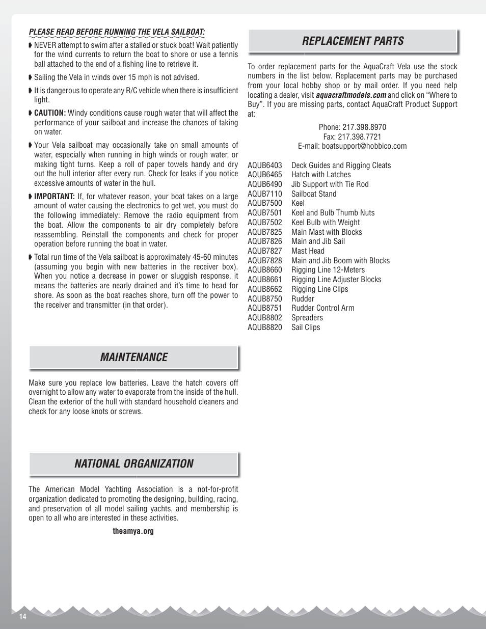 Maintenance, National organization, Replacement parts | AquaCraft Vela One Meter User Manual | Page 14 / 16