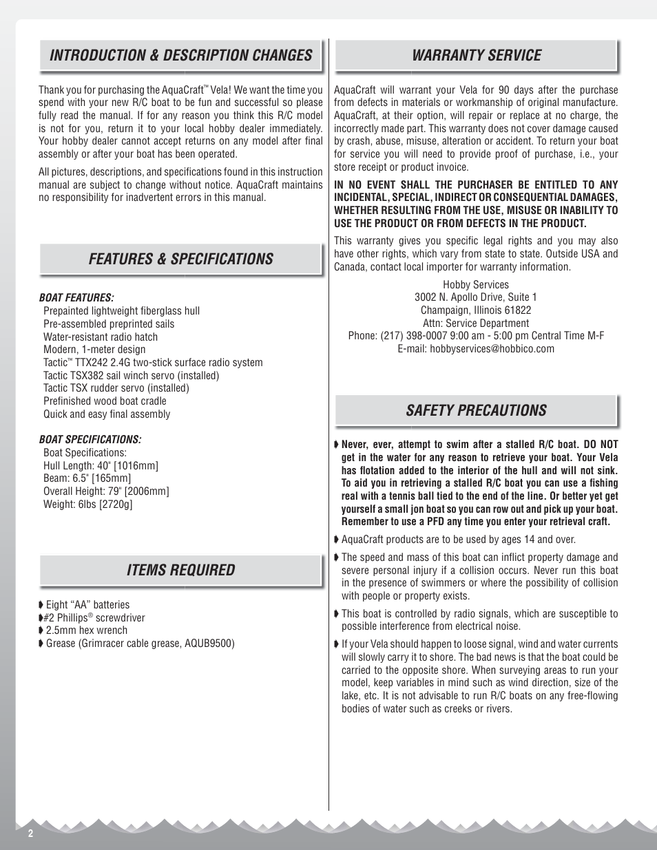 Introduction & description changes, Features & specifications, Items required | Warranty service, Safety precautions | AquaCraft Vela One Meter User Manual | Page 2 / 16