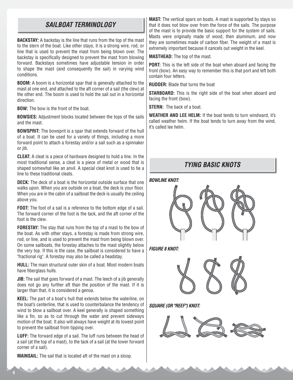 Sailboat terminology, Tying basic knots | AquaCraft Vela One Meter User Manual | Page 4 / 16