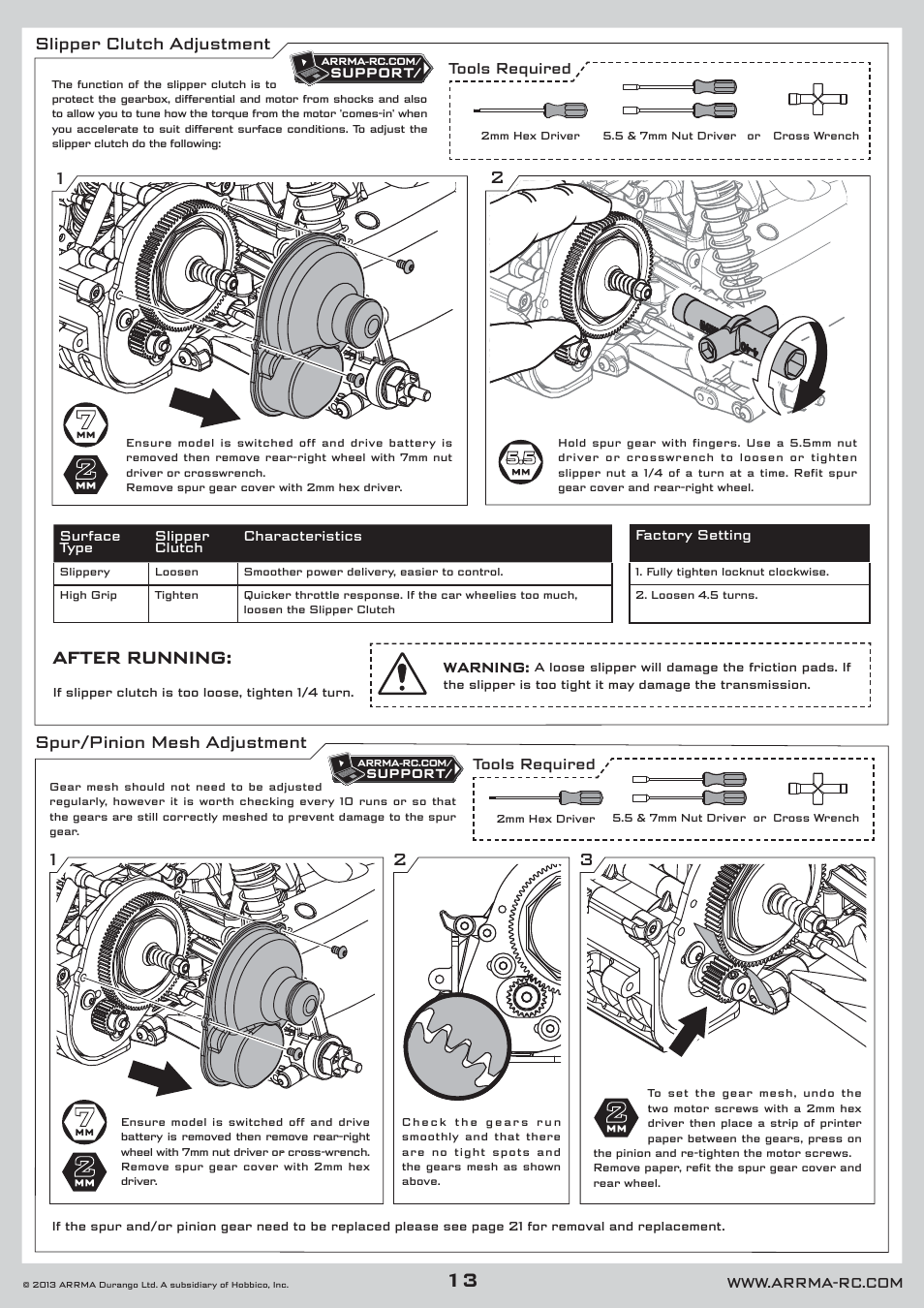 Slipper clutch adjustment, 21 spur/pinion mesh adjustment | ARRMA AR102546 Manual User Manual | Page 13 / 40
