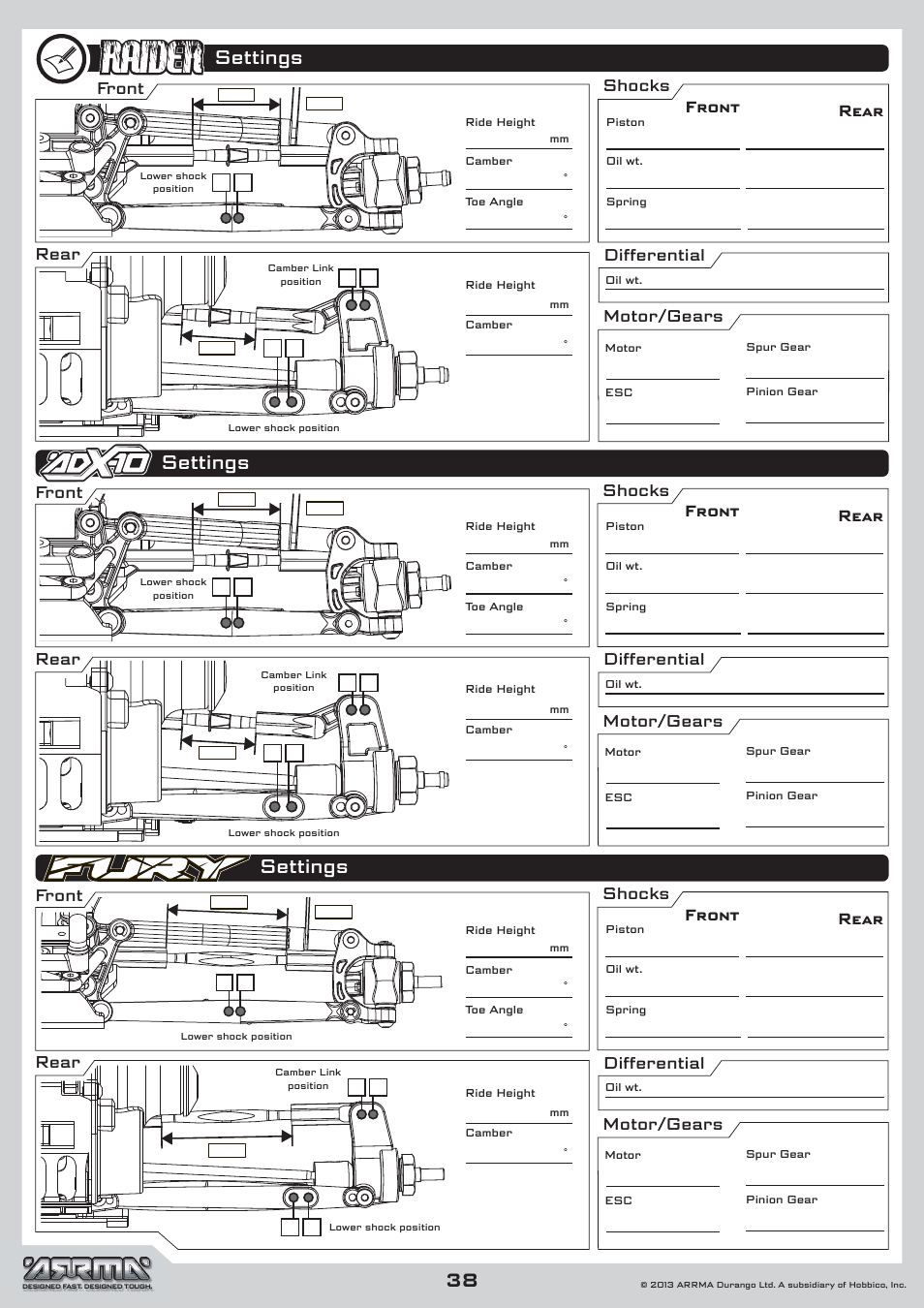 Settings, Front, Shocks differential motor/gears | ARRMA AR102546 Manual User Manual | Page 38 / 40