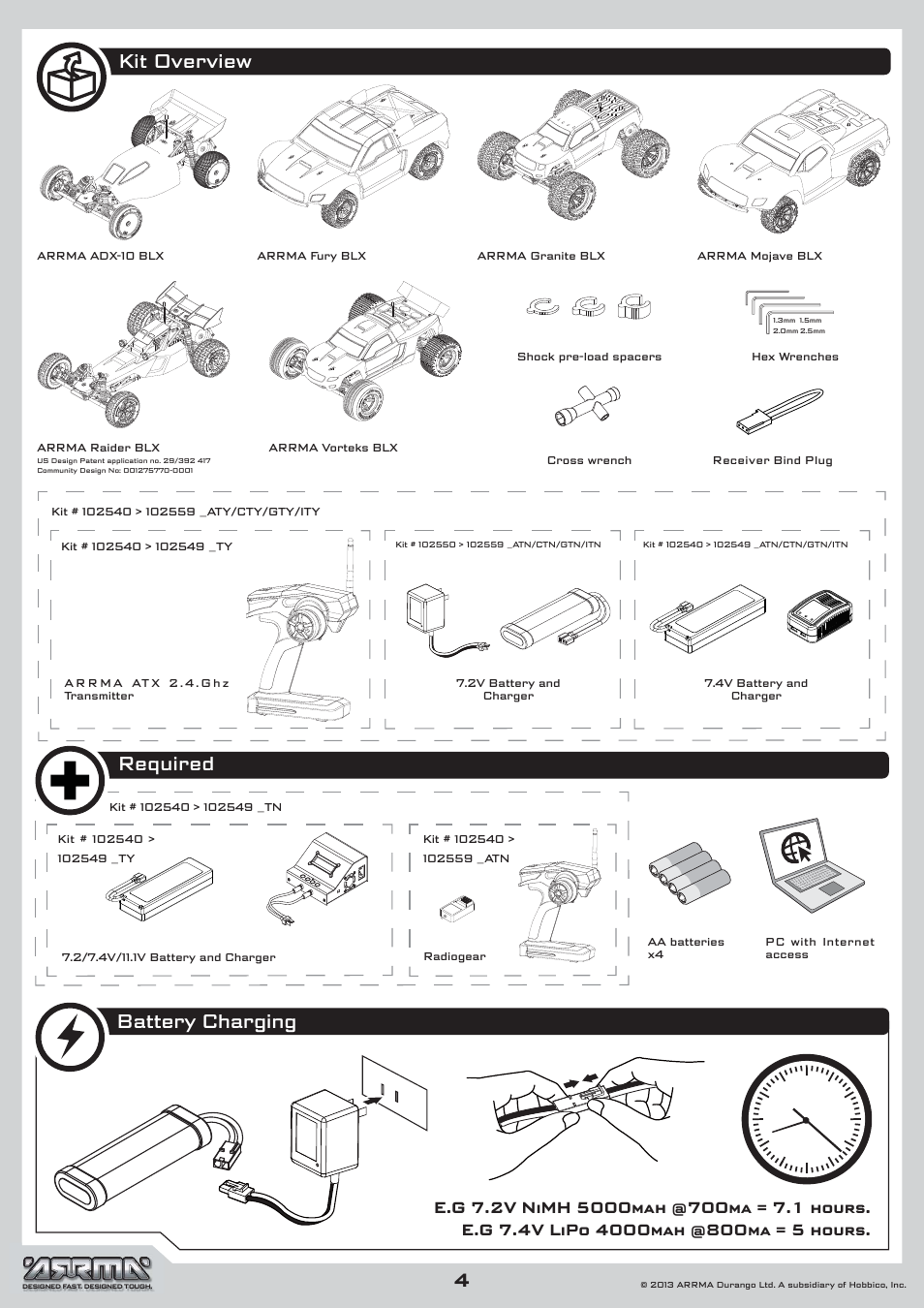 Kit overview, Required, Battery charging | ARRMA AR102546 Manual User Manual | Page 4 / 40