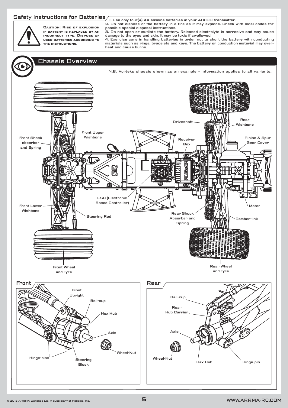 Chassis overview, Front rear safety instructions for batteries | ARRMA AR102546 Manual User Manual | Page 5 / 40