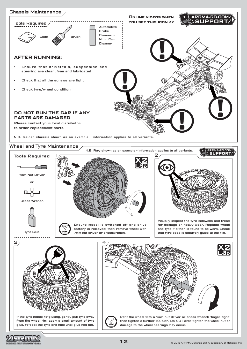 Support, Chassis maintenance, Wheel and tyre maintenance 2 3 4 1 | ARRMA AR102535 Manual User Manual | Page 12 / 40