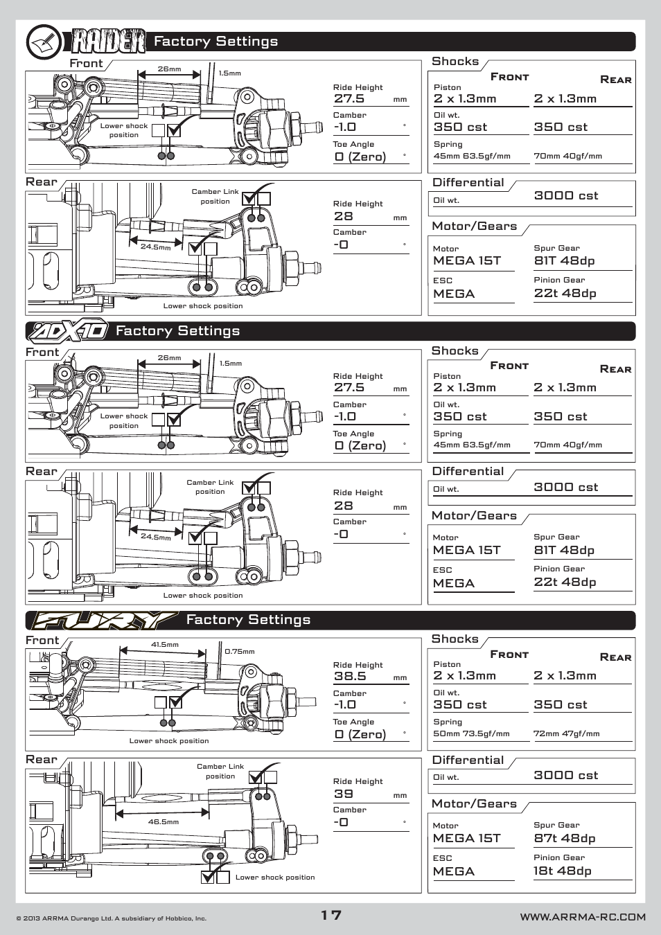 Factory settings, Front, Shocks differential motor/gears | ARRMA AR102535 Manual User Manual | Page 17 / 40