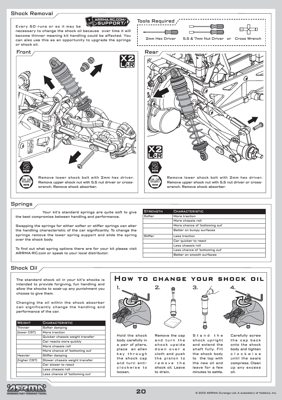 How to change your shock oil, 20 shock oil shock removal, Front rear | Springs, Tools required | ARRMA AR102535 Manual User Manual | Page 20 / 40