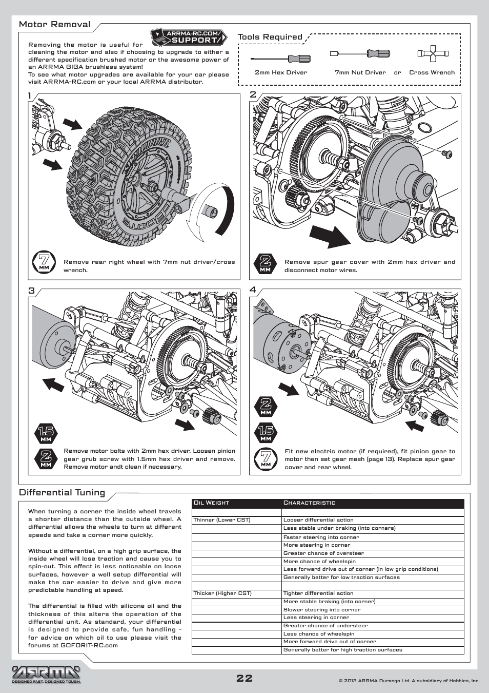 22 differential tuning motor removal, Tools required | ARRMA AR102535 Manual User Manual | Page 22 / 40