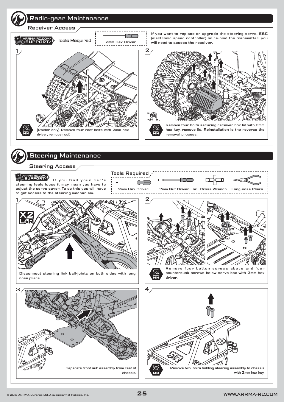 Radio-gear maintenance steering maintenance, Receiver access steering access | ARRMA AR102535 Manual User Manual | Page 25 / 40