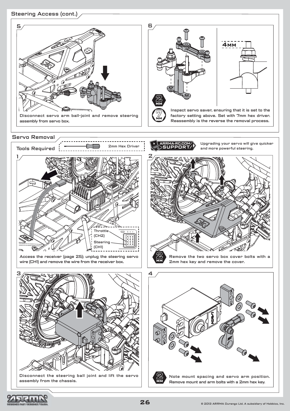 26 servo removal, Steering access (cont.) | ARRMA AR102535 Manual User Manual | Page 26 / 40