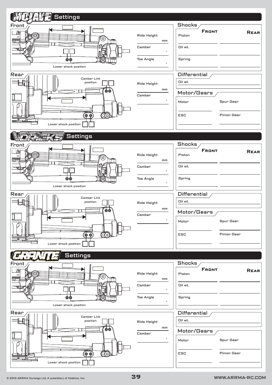 Settings, Front, Front rear rear rear | Shocks differential motor/gears | ARRMA AR102535 Manual User Manual | Page 39 / 40