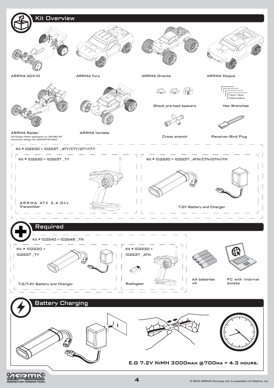 Kit overview, Required, Battery charging | ARRMA AR102535 Manual User Manual | Page 4 / 40