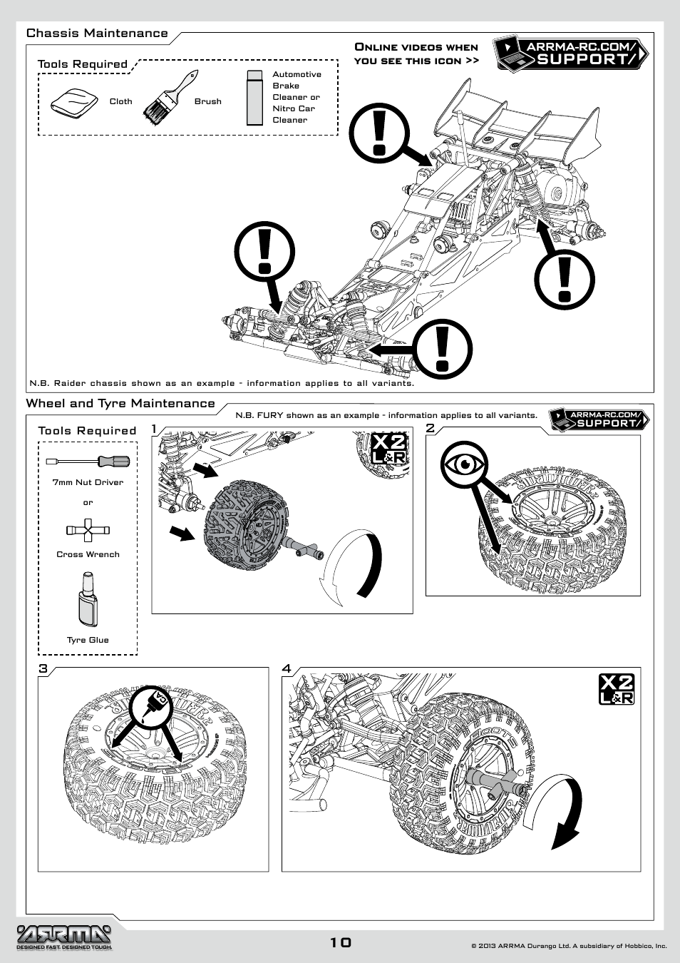 Support, Chassis maintenance, Wheel and tyre maintenance 2 3 4 1 | ARRMA AR102612 User Manual | Page 10 / 44