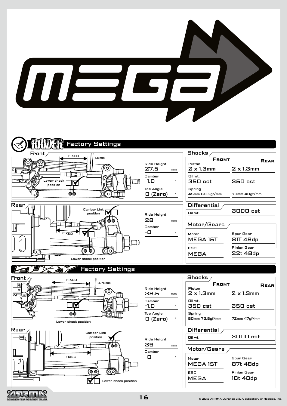 Factory settings, Front, Front shocks differential motor/gears rear rear | Shocks differential motor/gears | ARRMA AR102612 User Manual | Page 16 / 44