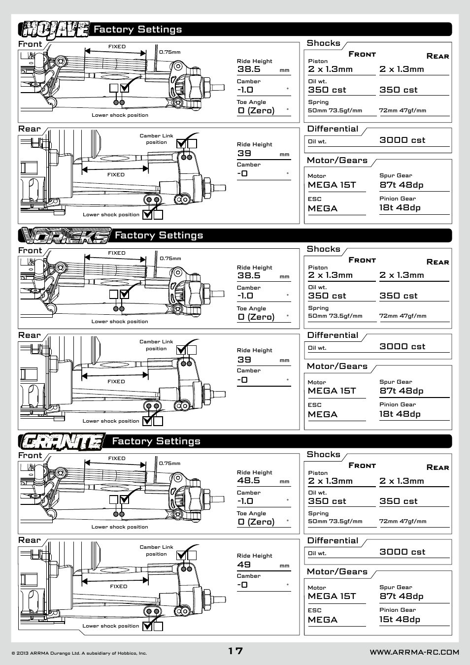 Factory settings, Front, Front rear rear rear | Shocks differential motor/gears, 2 x 1.3mm, 350 cst | ARRMA AR102612 User Manual | Page 17 / 44