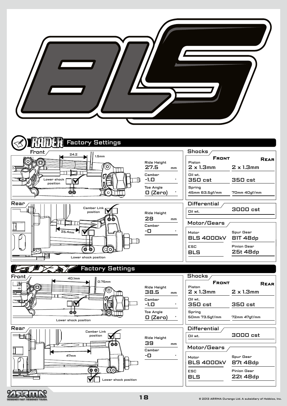 Factory settings, Front, Front shocks differential motor/gears rear rear | Shocks differential motor/gears | ARRMA AR102612 User Manual | Page 18 / 44