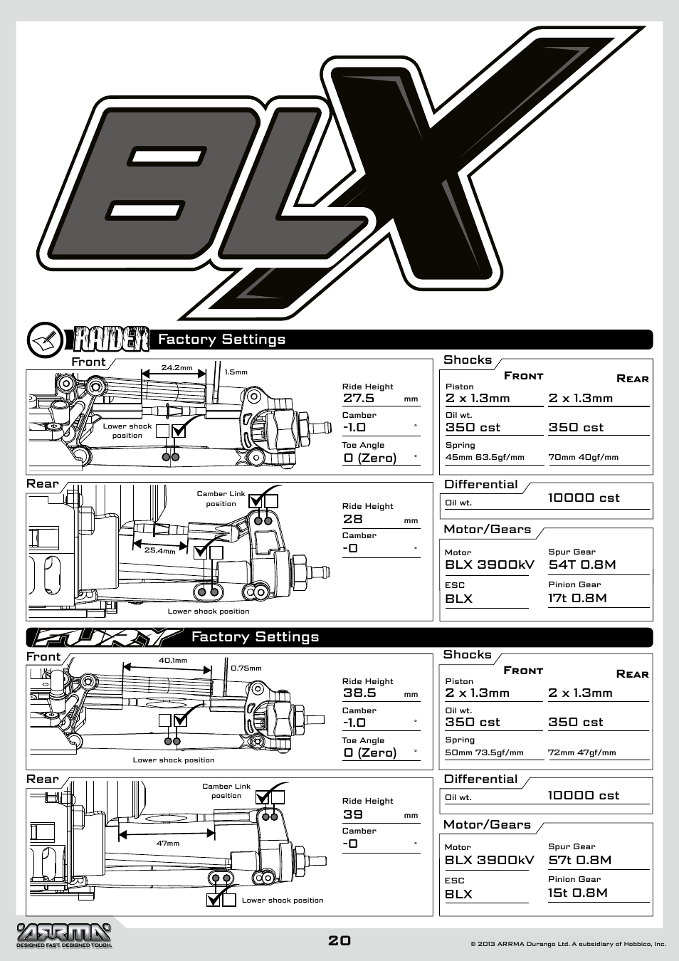 Factory settings, Front, Front shocks differential motor/gears rear rear | Shocks differential motor/gears | ARRMA AR102612 User Manual | Page 20 / 44
