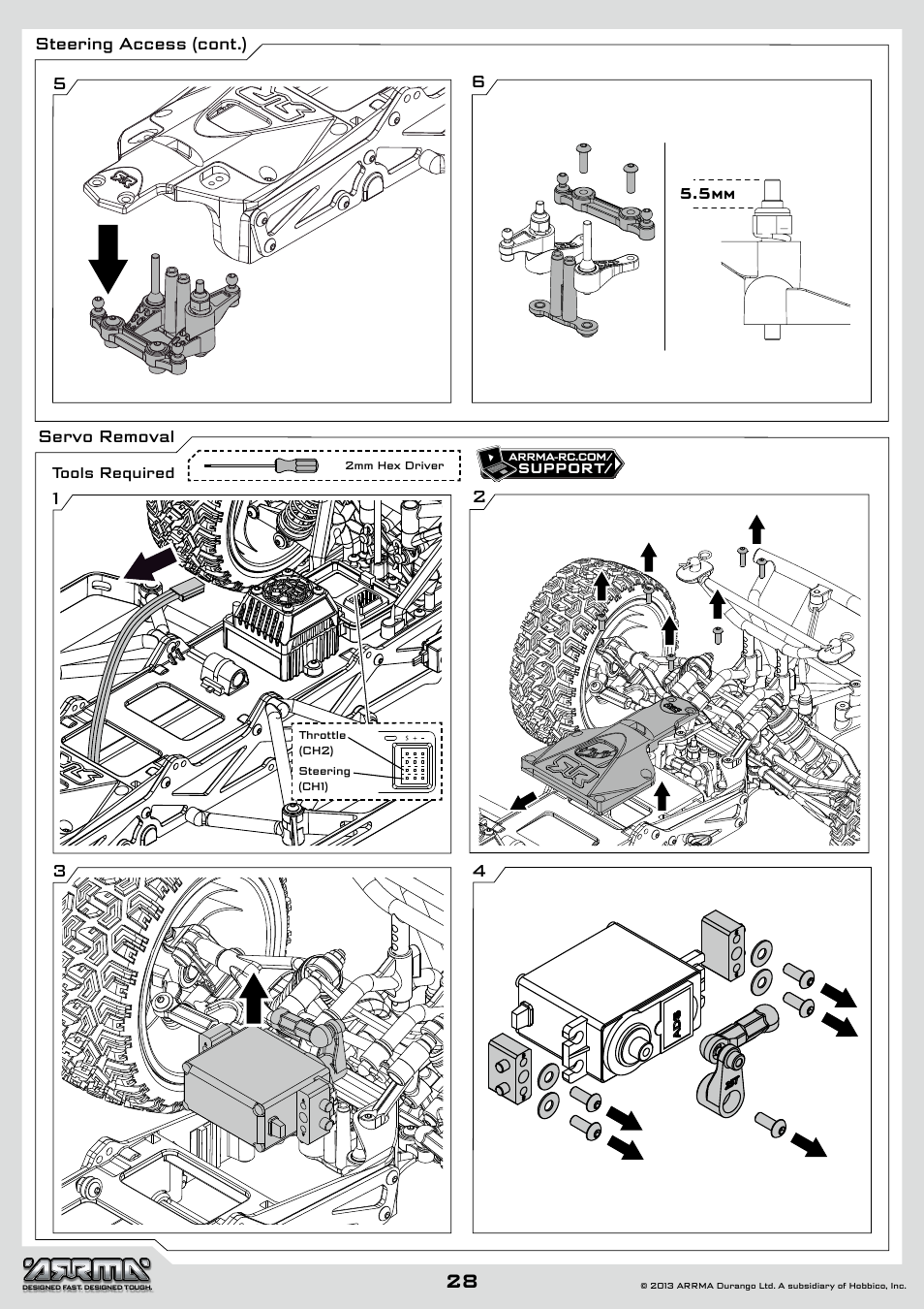 28 servo removal 5 6 steering access (cont.) | ARRMA AR102612 User Manual | Page 28 / 44