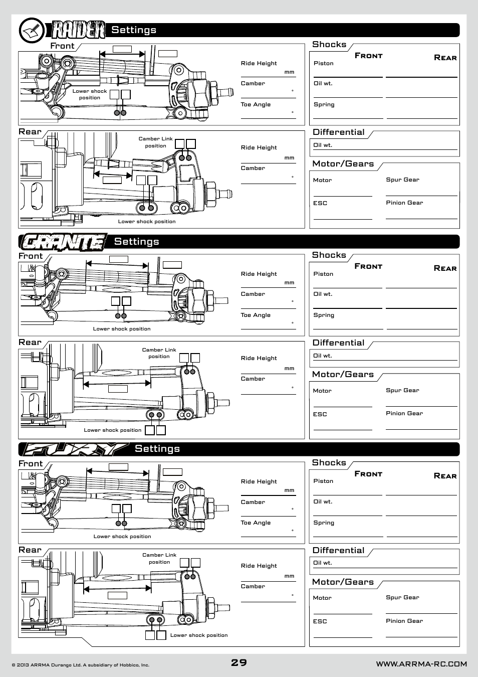 Settings, Front, Front shocks differential motor/gears rear rear | Shocks differential motor/gears, Front rear | ARRMA AR102612 User Manual | Page 29 / 44