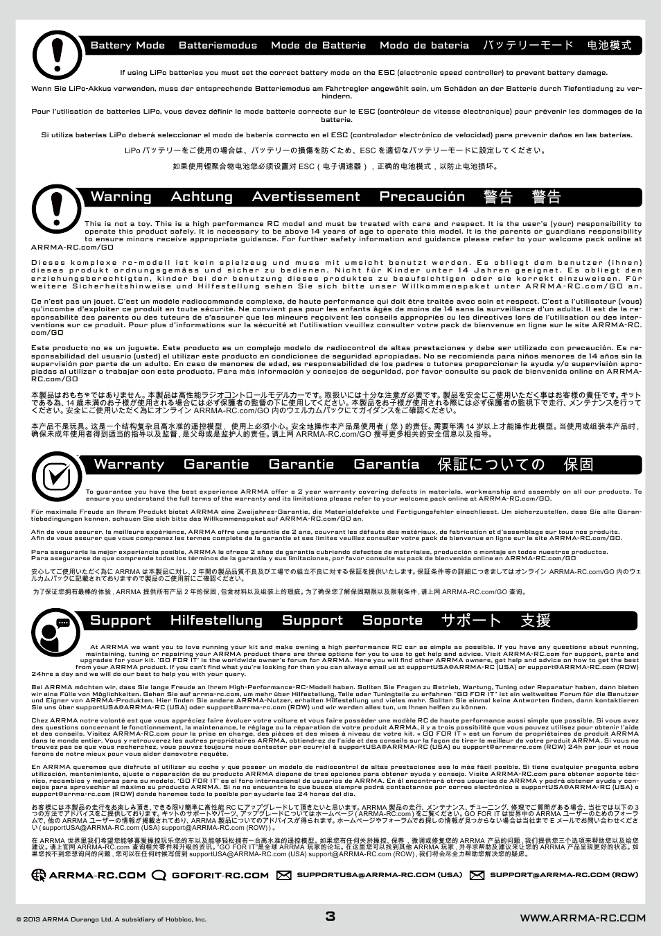 Support hilfestellung support soporte サポート 支援 | ARRMA AR102612 User Manual | Page 3 / 44