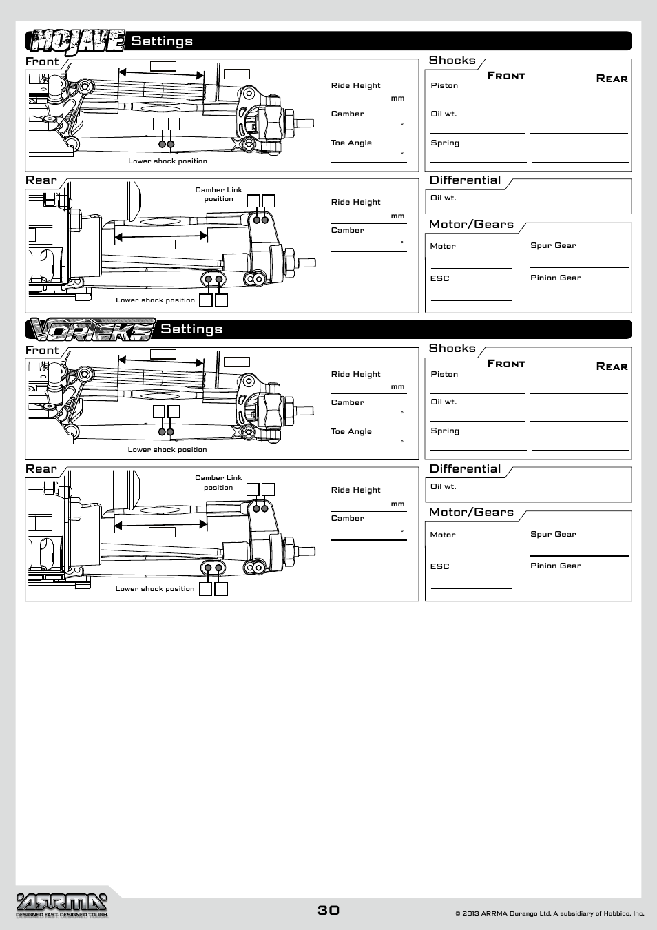 Settings, Front, Front rear rear | Shocks differential motor/gears | ARRMA AR102612 User Manual | Page 30 / 44