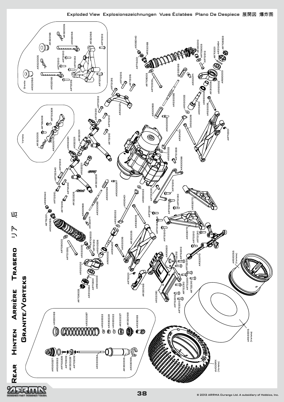 Rear hinten arrière trasero リア 后 granite/vorteks | ARRMA AR102612 User Manual | Page 38 / 44