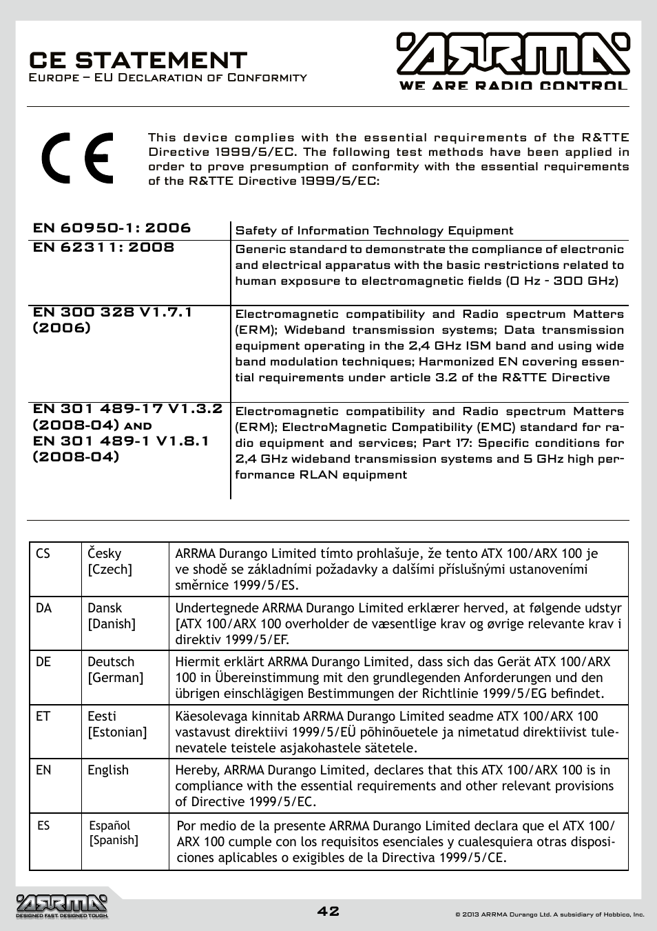 Ce statement | ARRMA AR102612 User Manual | Page 42 / 44