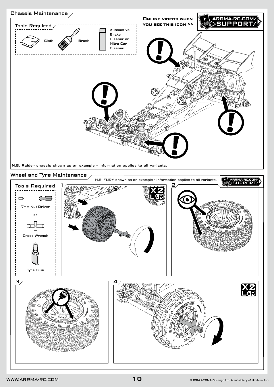 Support, Chassis maintenance, Wheel and tyre maintenance 2 3 4 1 | ARRMA AR102626 User Manual | Page 10 / 42