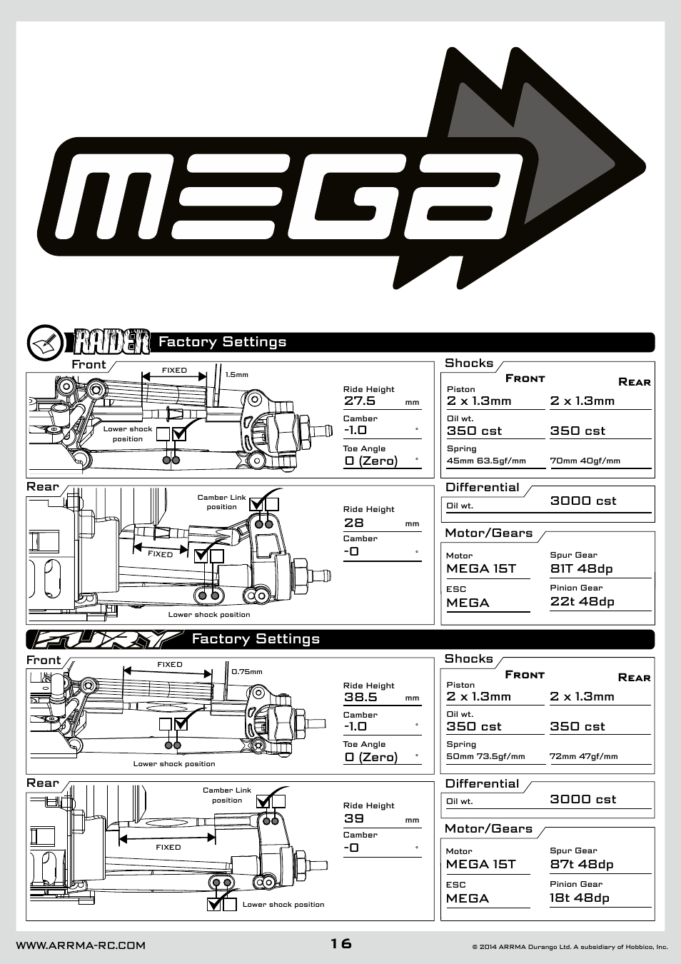 Factory settings, Front, Front shocks differential motor/gears rear rear | Shocks differential motor/gears | ARRMA AR102626 User Manual | Page 16 / 42
