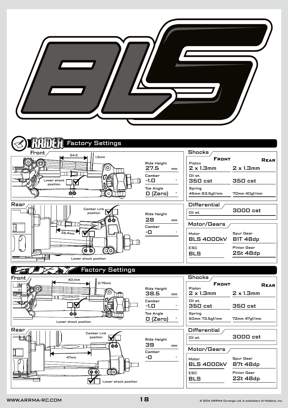 Factory settings, Front, Front shocks differential motor/gears rear rear | Shocks differential motor/gears | ARRMA AR102626 User Manual | Page 18 / 42