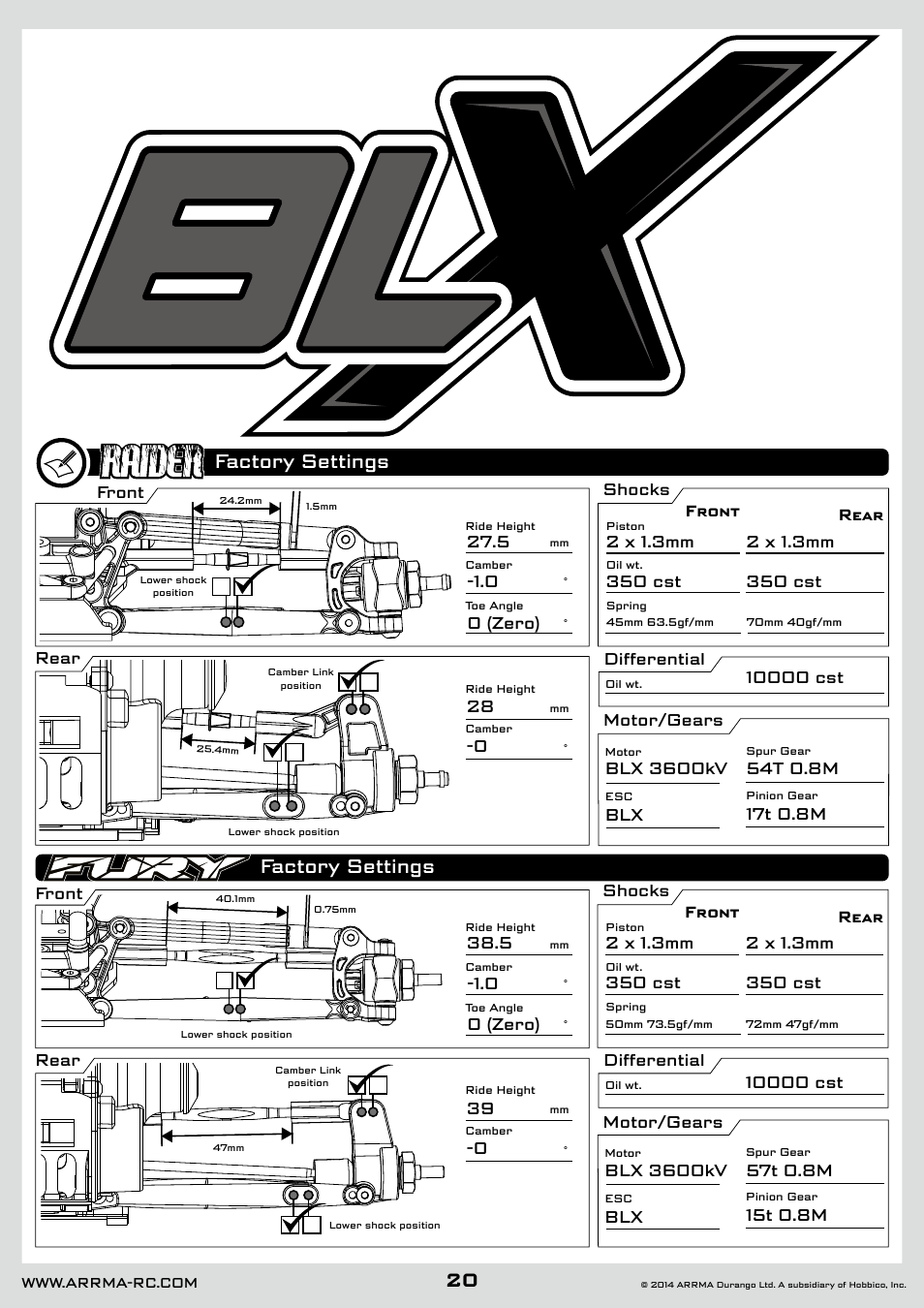 Factory settings, Front, Front shocks differential motor/gears rear rear | Shocks differential motor/gears | ARRMA AR102626 User Manual | Page 20 / 42
