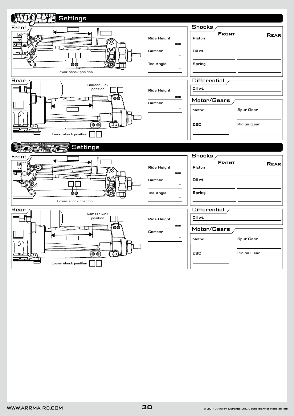 Settings, Front, Front rear rear | Shocks differential motor/gears | ARRMA AR102626 User Manual | Page 30 / 42